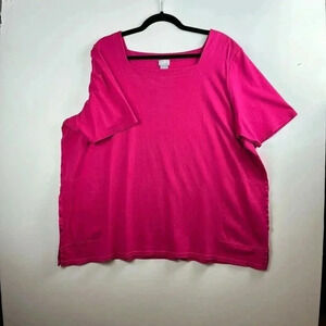 Chico’s Hot Pink square neckline short sleeve top 100% cotton EUC pockets & slit